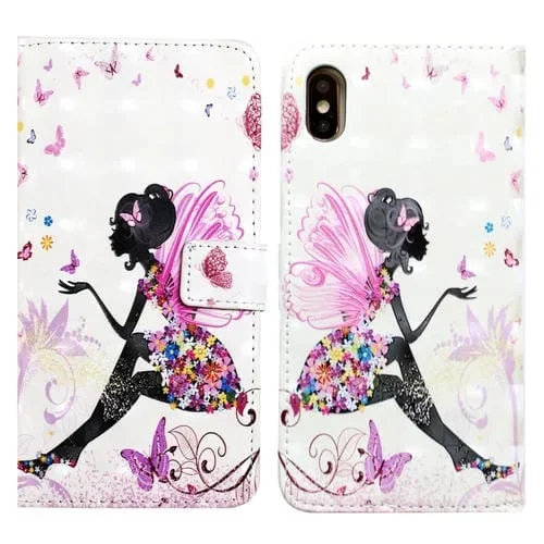 Funda para teléfono iPhone Xs Max Cuero dibujo 3D en relieve al óleo (Hada de Flores)