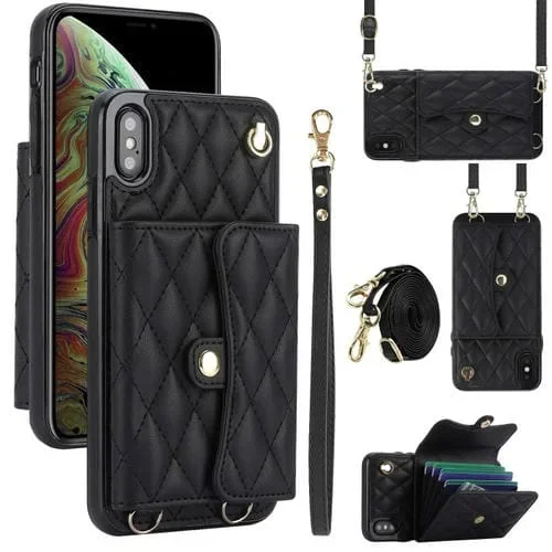 Funda para teléfono iPhone Xs X Cuero con Billetera Horizontal Romboidal Cruzada (Negro)