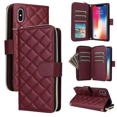 Funda para Teléfono iPhone Xs X Cuero Hebilla Torre Cremallera Rómbica Cruzada Cordón (Rojo Vino)