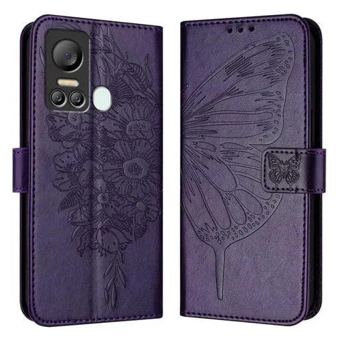 Funda para Teléfono Itel S18 Vision 5 de Cuero con Mariposa en Relieve (Púrpura Oscuro)
