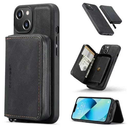 Funda para Teléfono Jeehood para iPhone 15 con Billetera y Cremallera Magnética (Negro)