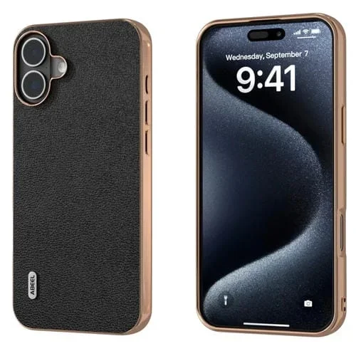 Funda para teléfono Luolai Cuero Genuino con Marco Galvanizado Abeel para iPhone 16 (Negro)