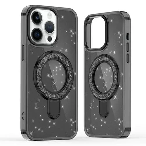 Funda para Teléfono Magsafe con Soporte de Anillo y Purpurina para iPhone 14 Pro (Negra)