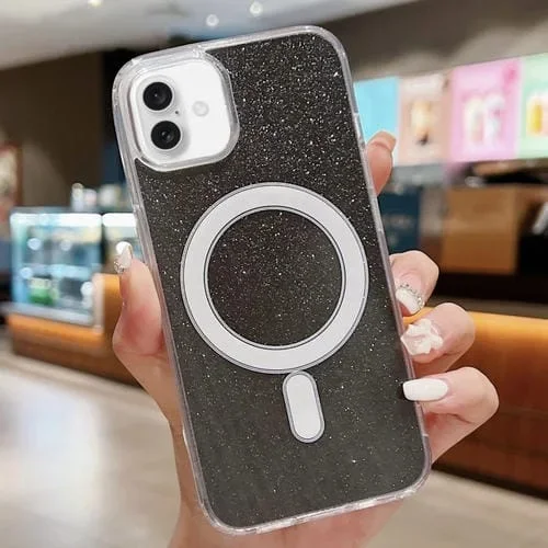 Funda para Teléfono Magsafe iPhone 16 Plus con Purpurina Acrílica Transparente (Negra)