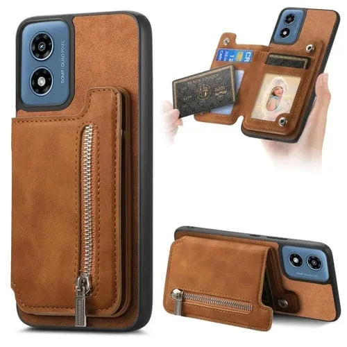 Funda para Teléfono Motorola Moto G 5G 2024 con Tarjetero y Cremallera Retro (Marrón)