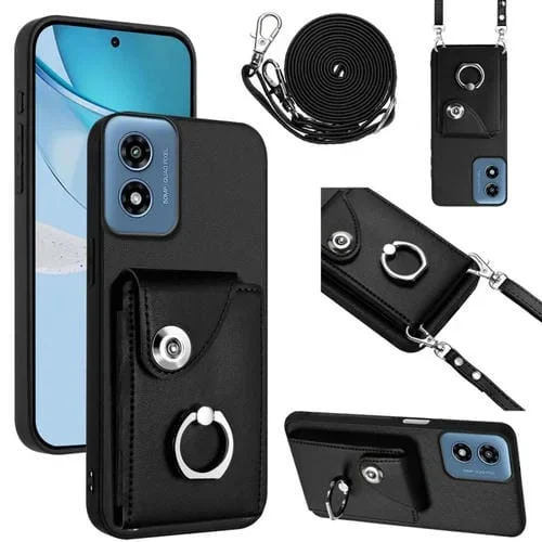 Funda para Teléfono Motorola Moto G Play 2024 5G con Soporte Tarjetas, Anillo y Cordón Largo (Negro)