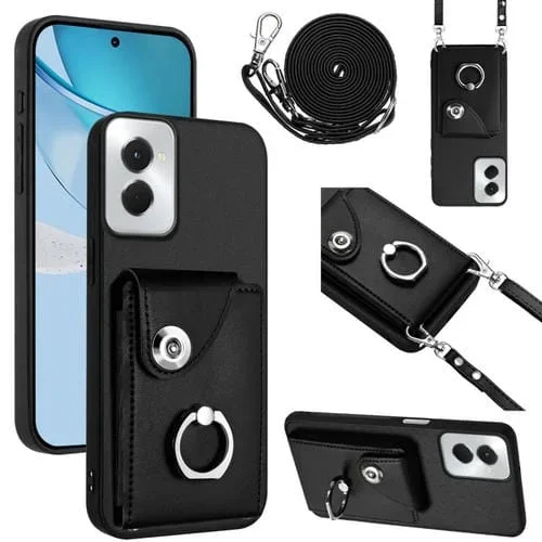 Funda para Teléfono Motorola Moto G Power 2024 5G con Tarjetero, Anillo y Cordón Largo (Negro)