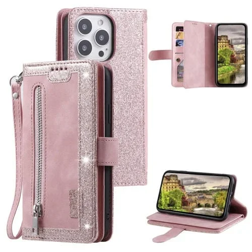 Funda para teléfono Nine Card Zipper Bag para iPhone 15 Pro Max de cuero con cordón (Rosa)