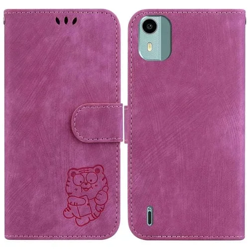 Funda para Teléfono Nokia C12 de Cuero con Relieve Little Tiger (Rojo Rosa)