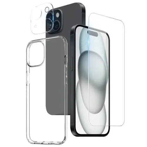 Funda para Teléfono Northjo 3 en 1 para iPhone 15 Plus con TPU, Película de Pantalla y Película de Lente (Transparente)