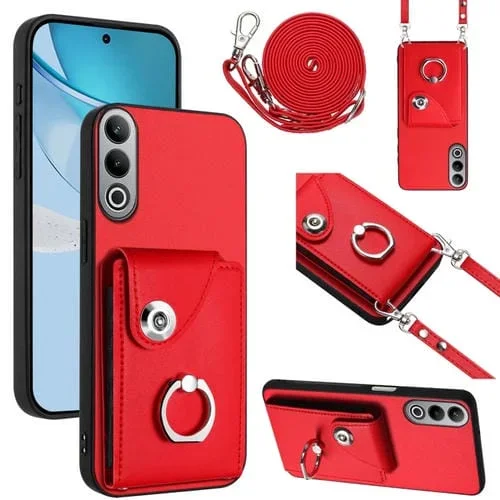 Funda para Teléfono OnePlus Nord Ce4 con Tarjetero, Anillo y Cordón Largo (Rojo)
