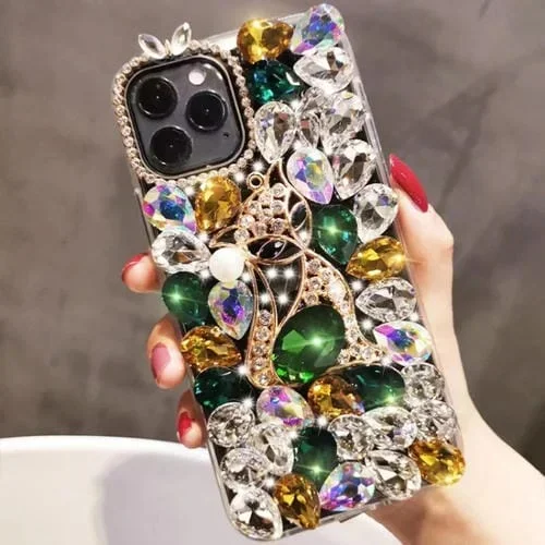 Funda para Teléfono PC con Diamantes de Imitación y Piedras Preciosas Zorro para iPhone 12 Pro (Verde)