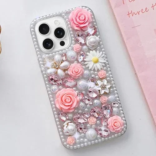 Funda para Teléfono PC con Diamantes Incrustados a Mano para iPhone 16 Pro Max (Rosa)