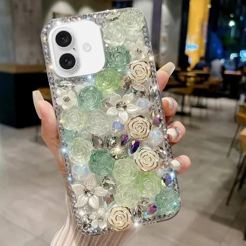 Funda para Teléfono PC iPhone 16 Diseño Diamantes Perlados y Rosas (Verde)