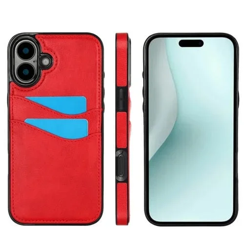 Funda para Teléfono Piel de Lichi iPhone 16 Plus con Ranuras para Tarjetas (Rojo)
