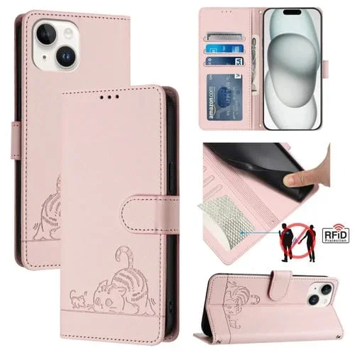 Funda para Teléfono PU con Patrón Gato y Rata RFID para iPhone 15 con Correa (Rosa)