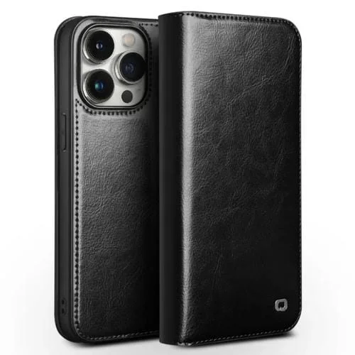 Funda para teléfono Qialino Classic iPhone 15 Pro Cuero Genuino (Negro)