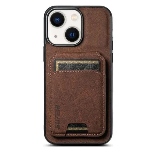 Funda para teléfono Suteni H02 para iPhone 13 con soporte y billetera de cuero para tarjetas (Marrón)