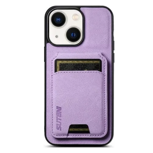 Funda para Teléfono Suteni H02 para iPhone 14 Plus con Soporte y Billetera de Cuero Litchi (Púrpura)