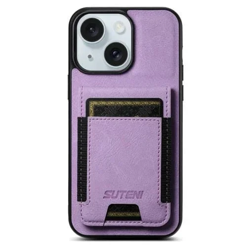 Funda para Teléfono Suteni H03 para iPhone 15 con Soporte para Tarjeta Cuero Litchi (Púrpura)