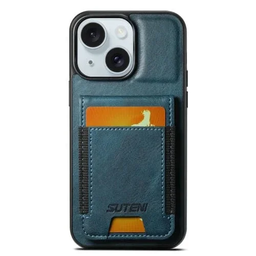 Funda para Teléfono Suteni H03 para iPhone 15 Plus con Soporte y Billetera de Cuero con Cera de Aceite (Azul)