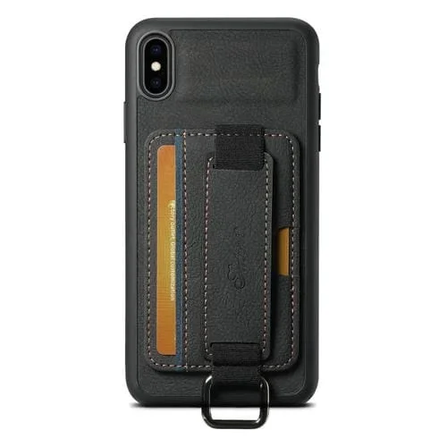Funda para Teléfono Suteni H13 para iPhone Xr con Correa para la Muñeca de Cuero Litchi (Negro)