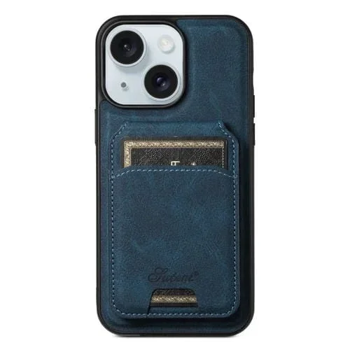 Funda para Teléfono Suteni H16 para iPhone 15 Plus con Billetera Desmontable de Cuero Textura Litchi (Azul)
