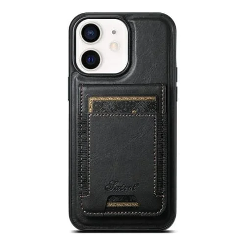 Funda para Teléfono Suteni H17 Oil Eax Leather Magsafe para iPhone 12 con Billetera Desmontable (Negro)