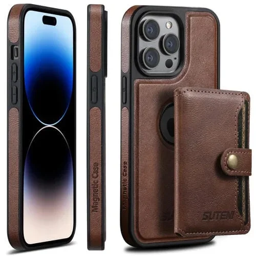 Funda para Teléfono Suteni M1 Oil Wax Magsafe para iPhone 14 Pro con Bolsa para Tarjeta Horizontal Desmontable (Marrón)