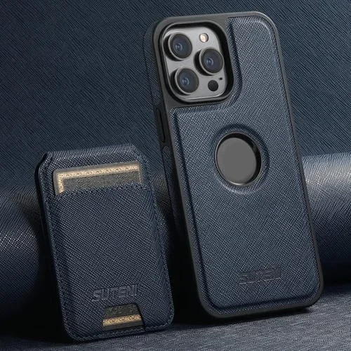 Funda para Teléfono Suteni M2 Cross-Grain 2 en 1 con Parte Trasera de Tarjeta Vertical Extraíble Magsafe para iPhone 14 Pro (Azul)