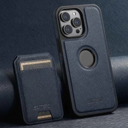 Funda para Teléfono Suteni M2 Cross-Grain 2 en 1 con Parte Trasera de Tarjeta Vertical Extraíble Magsafe para iPhone 13 Pro (Azul)