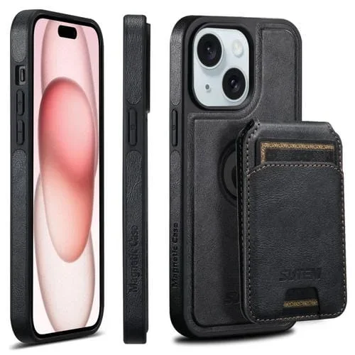 Funda para Teléfono Suteni M2 Oil Wax MagSafe para iPhone 15 con Bolsa para Tarjeta Horizontal (Negro)
