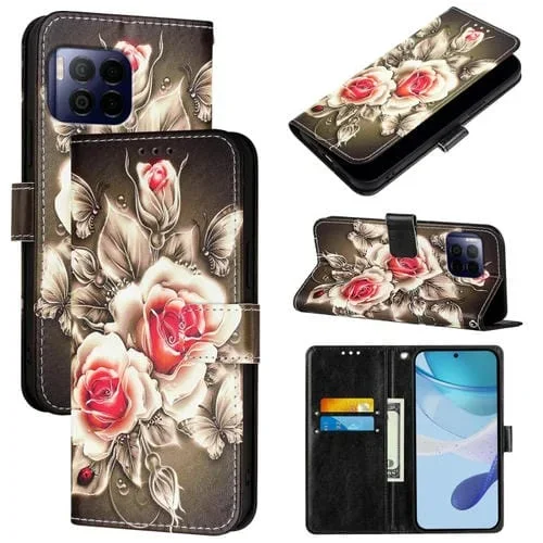 Funda para teléfono T-Mobile Revvl 7 Pro 5G cuero tejido liso patrón rosas en negro