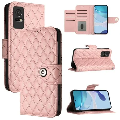 Funda para Teléfono TCL 405/406/408 Cuero con Tapa Textura Rómbica y Cordón (Rosa Coral)