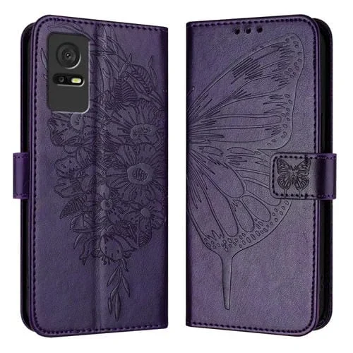 Funda para Teléfono TCL 405/406/408 Cuero Mariposa En Relieve (Púrpura Oscuro)