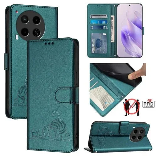Funda para Teléfono Tecno Camon 30 5G Cl7 Cat Rat Cuero Rfid con Patrón en Relieve y Cordón (Verde Pavo Real)