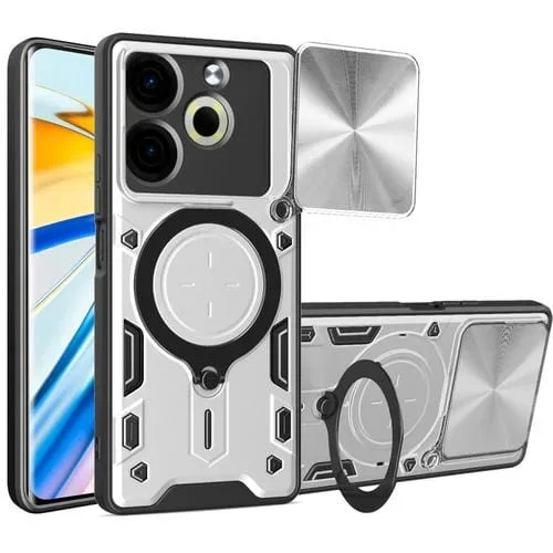 Funda para Teléfono Tecno Pova 6 Neo 4G con Soporte Magnético Deslizante (Plateada)