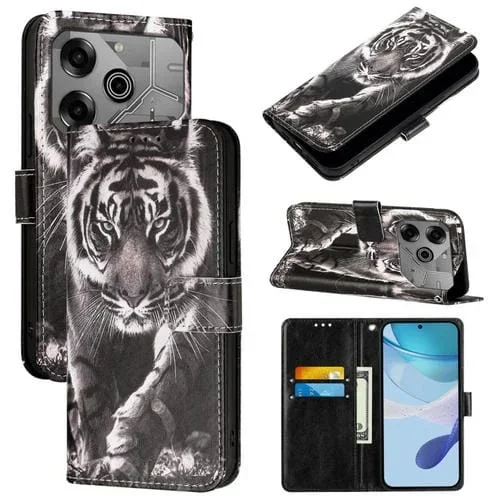 Funda para Teléfono Tecno Pova 6 Neo Cuero con Patrón Tigre Blanco y Negro