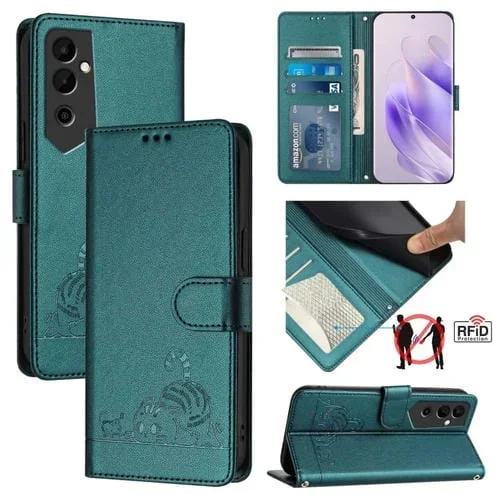Funda para Teléfono Tecno Pova Neo 2 Cat Rat Cuero RFID con Patrón en Relieve y Cordón (Verde Pavo Real)