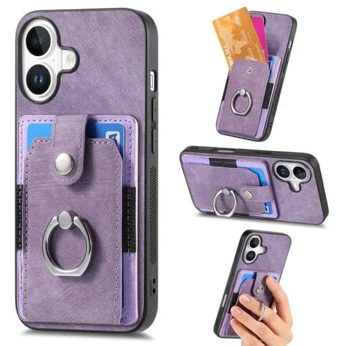 Funda para Teléfono Tipo Billetera con Anillo y Tarjetero Estilo Retro para iPhone 16 (Morado)