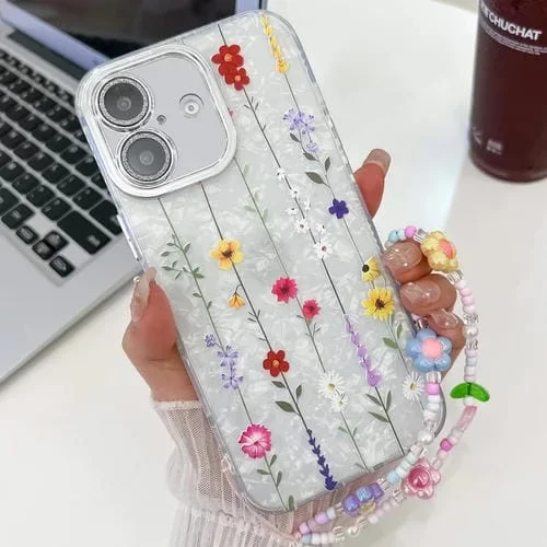 Funda para Teléfono TPU con Pulsera Textura Flores Galvanizadas iPhone 16 (Flor Silvestre Amarilla)