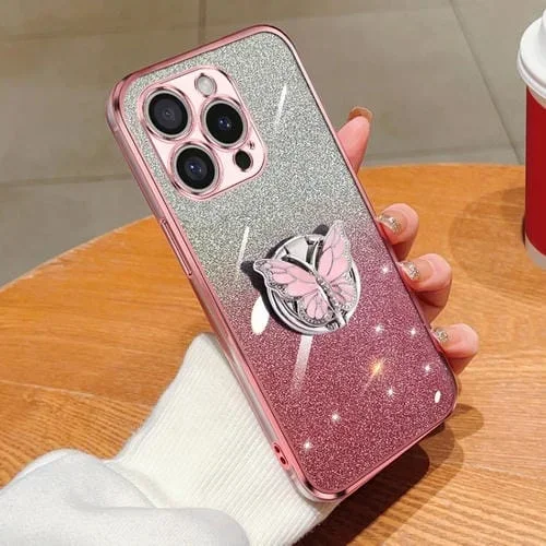Funda para Teléfono TPU con Soporte Mariposas Purpurina Degradada para iPhone 16 Pro (Rosa)
