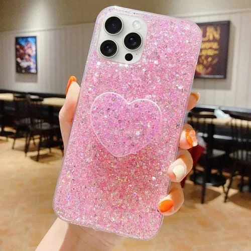 Funda para Teléfono TPU Epoxi iPhone 11 Pro con Soporte Corazón y Lentejuelas Estrelladas (Rosa)