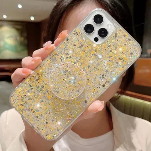 Funda para Teléfono TPU Epoxi iPhone 11 Pro Soporte Redondo Lentejuelas Estrelladas (Amarillo)