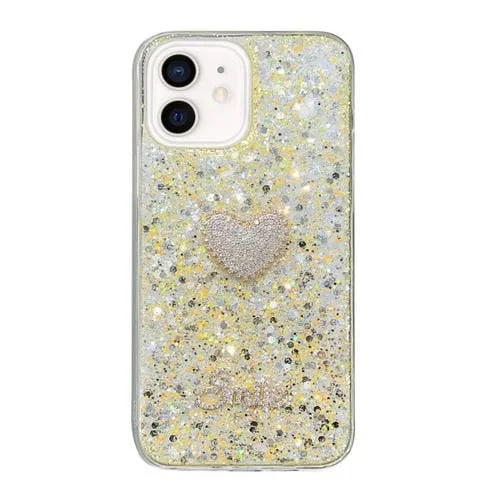 Funda para teléfono TPU Epoxi iPhone 12 Corazón de Diamante y Lentejuelas Estrelladas (Amarillo)