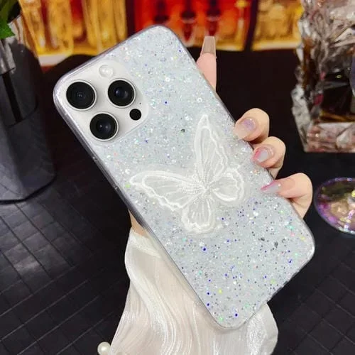 Funda para Teléfono TPU Epoxi iPhone 12 Pro Max Mariposa Bordada con Lentejuelas Estrelladas (Plateado)