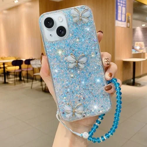 Funda para Teléfono TPU Epoxi iPhone 14 Plus con Mariposa de Jade y Lentejuelas Estrelladas con Correa (Azul)