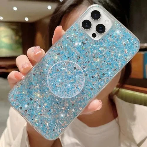 Funda para Teléfono TPU Epoxi iPhone 14 Pro Max Soporte Redondo Lentejuelas Estrelladas (Azul)