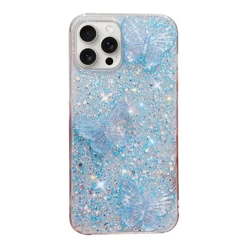 Funda para Teléfono TPU Epoxi iPhone 15 Pro con Mariposas de Cristal y Lentejuelas Estrelladas (Azul)