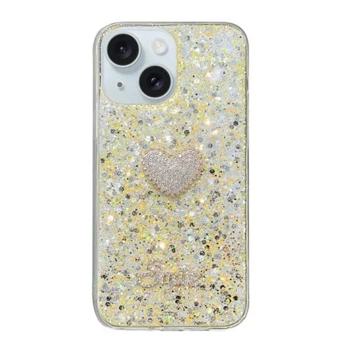 Funda para Teléfono TPU Epoxi para iPhone 14 con Corazón de Diamante y Lentejuelas Estrelladas (Amarillo)